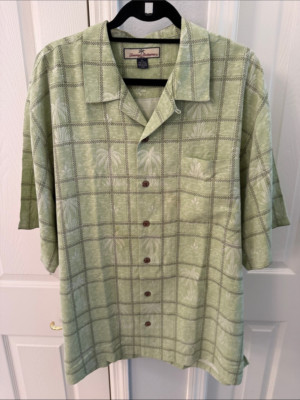 Tommy Bahama Light Green Plaid Palm Camp Shirt